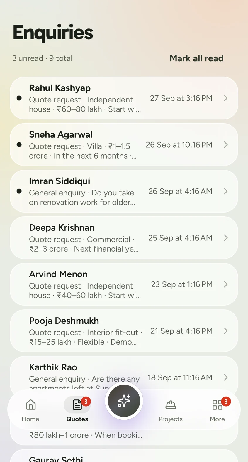 Enquiries inbox in the Creatin Web Android app with unread quotation requests at the top
