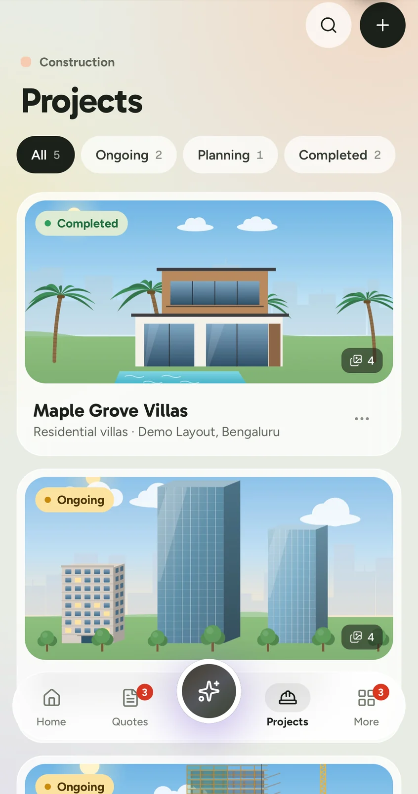 Projects in the Creatin Web Android app, shown as photo cards with a status on each