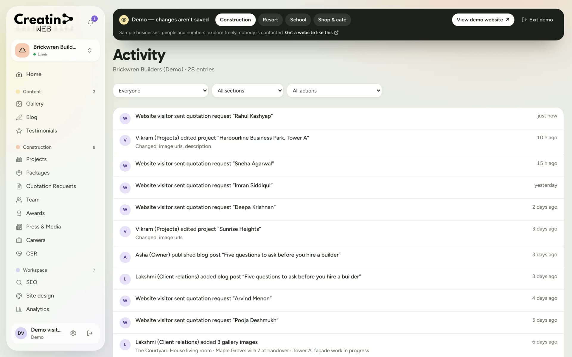 Activity log listing who changed what on the website and when