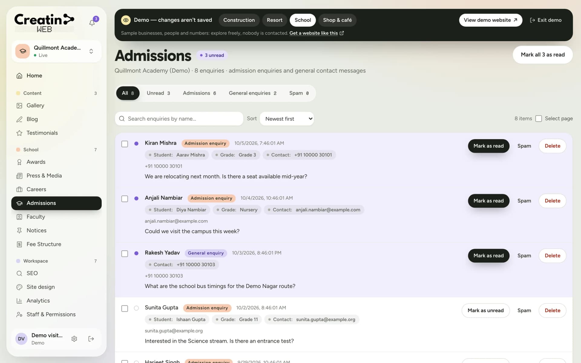 Admissions inbox showing each enquiry with the student's name, grade and the parent's contact details