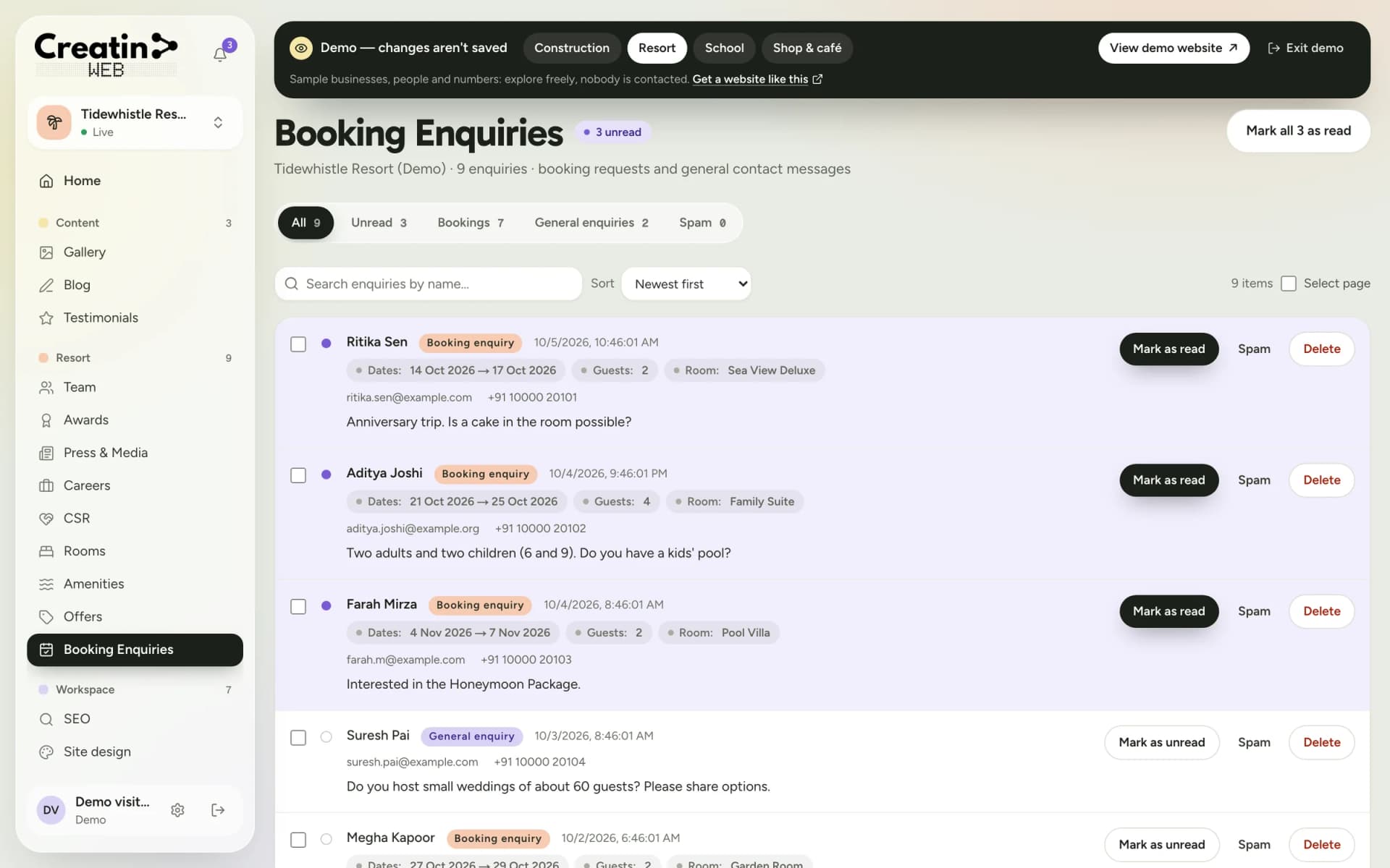 Booking enquiries inbox showing each guest's dates, number of guests, room and message