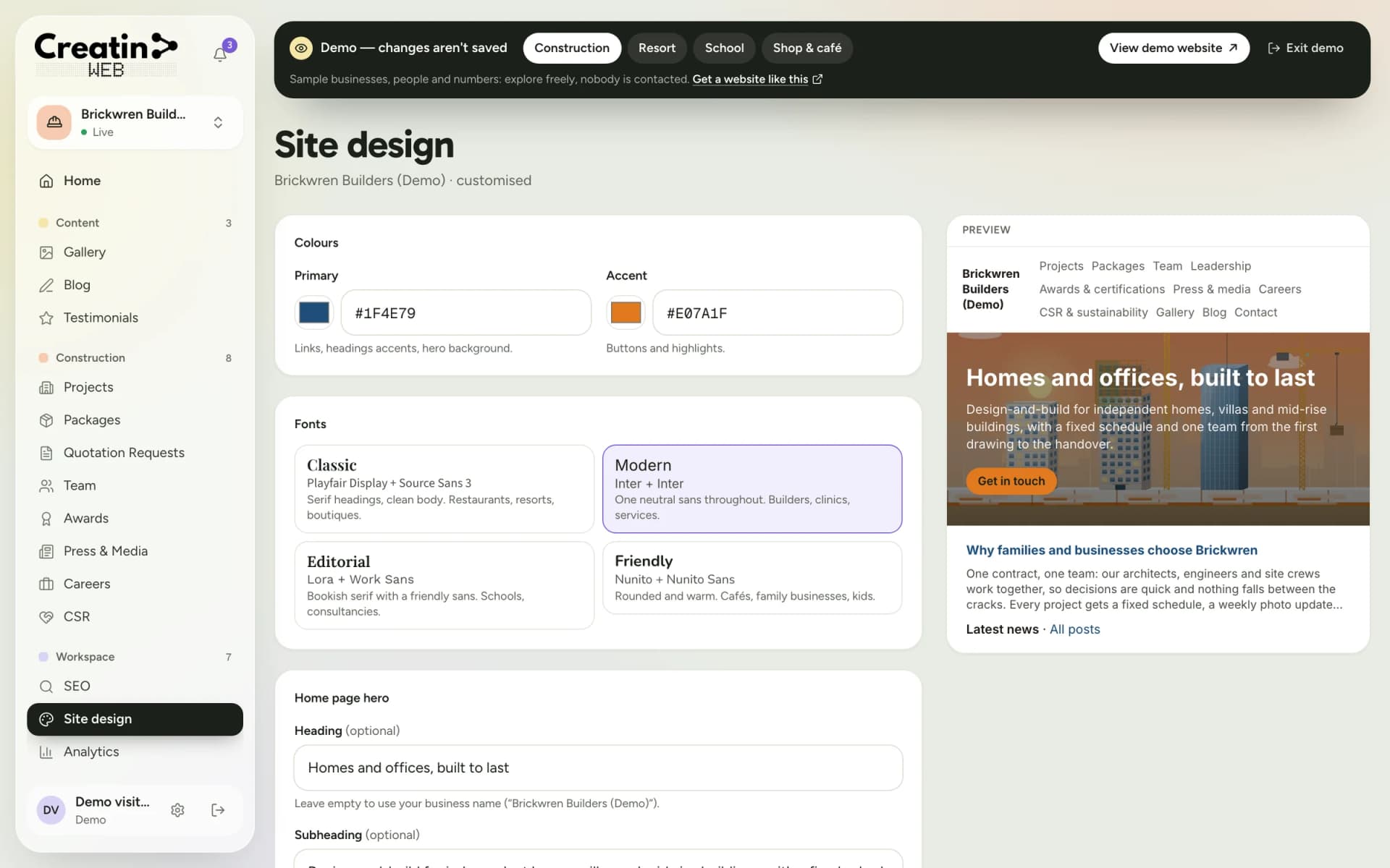 Site design section with colour pickers, four font pairings and a live preview of the website