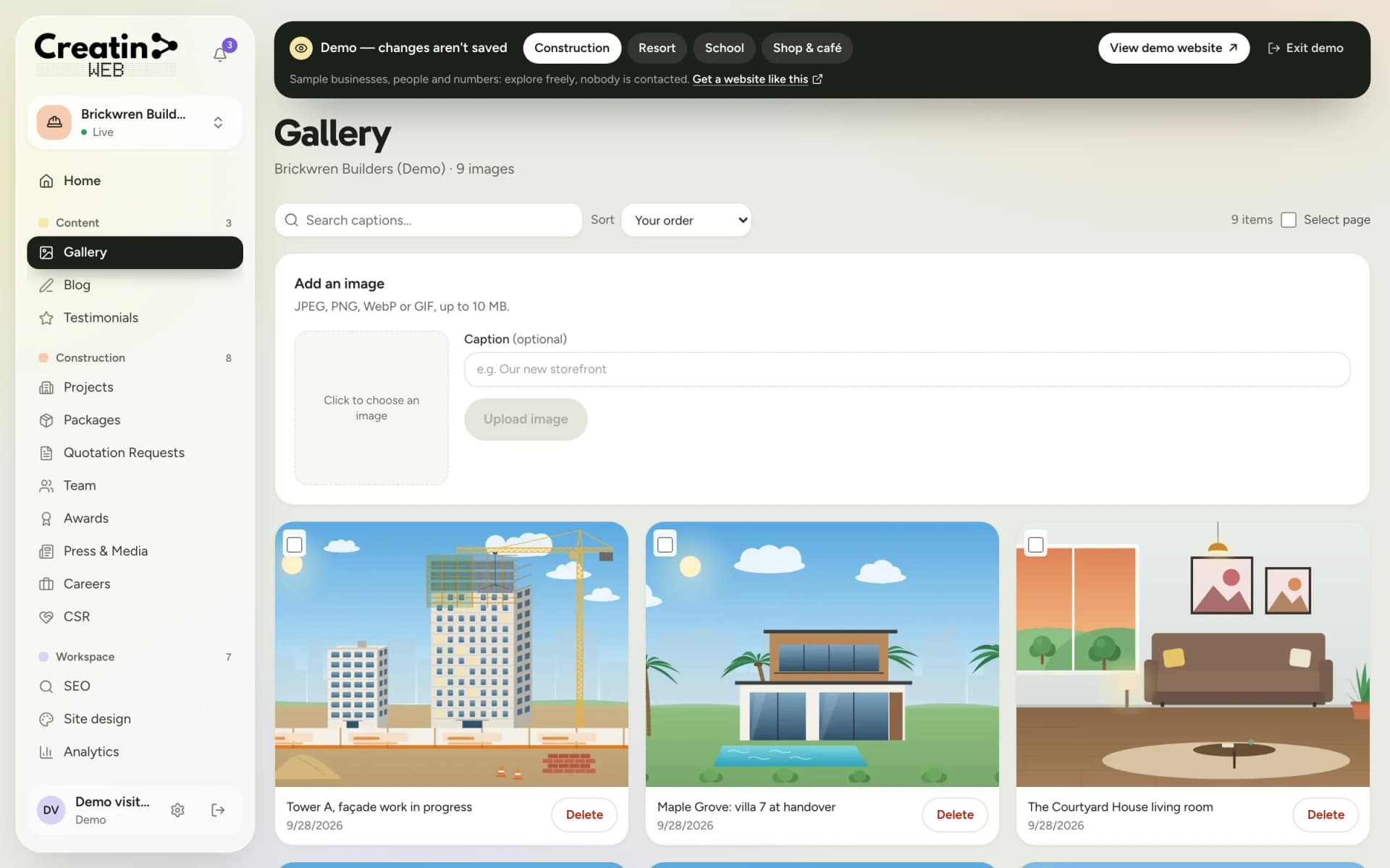 Gallery section of the dashboard with an upload box and a grid of captioned photos