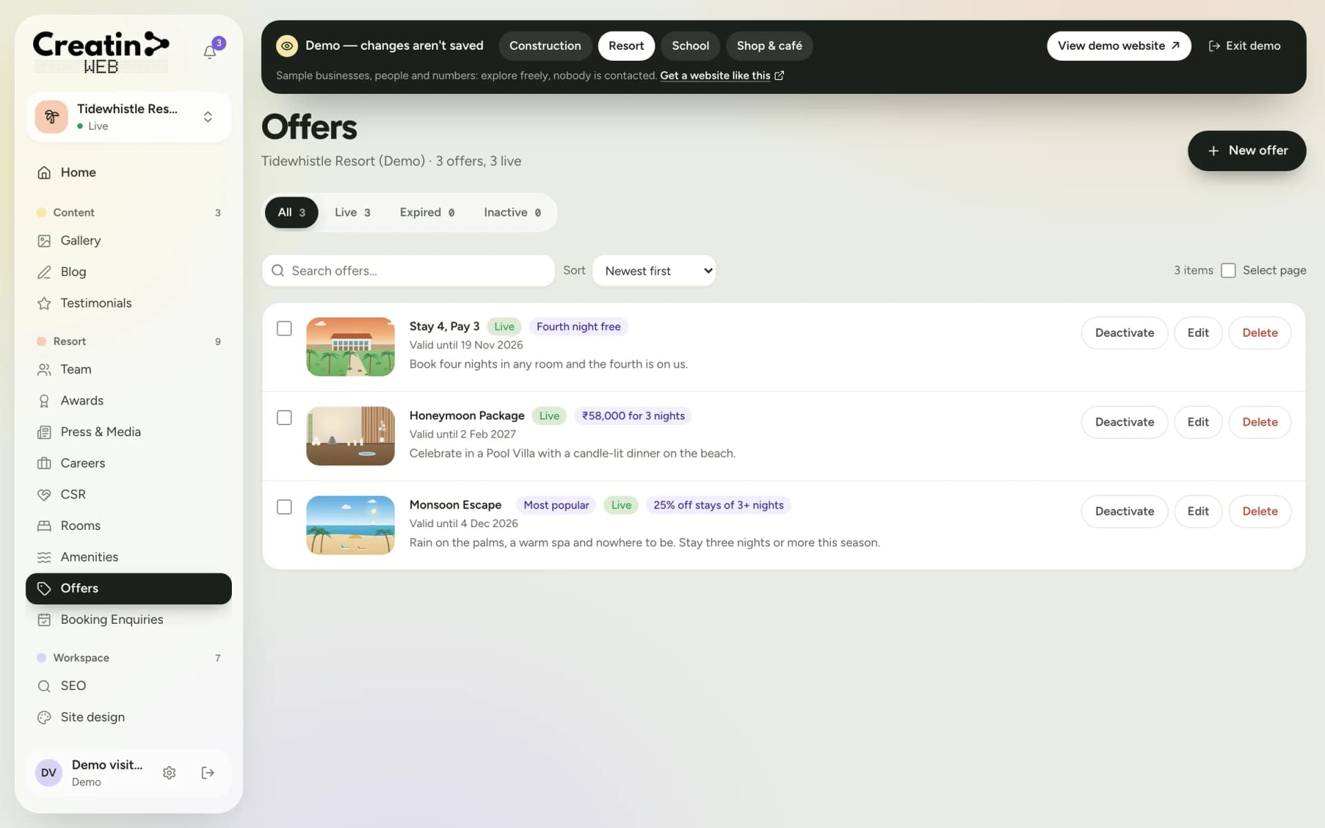 Offers section of a resort dashboard listing seasonal offers with their validity dates