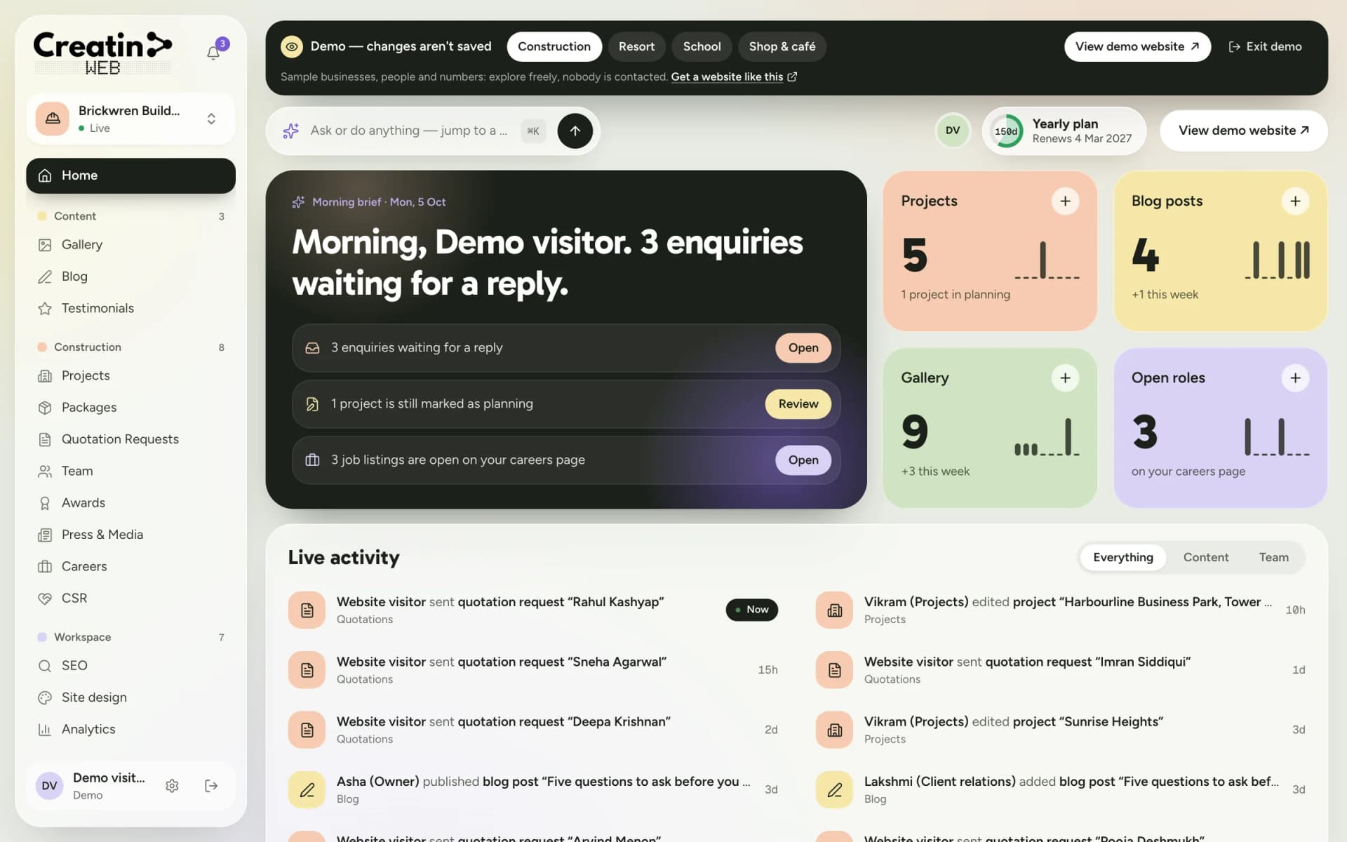 Creatin Web dashboard home for a construction company: a morning brief with three enquiries waiting, content counts and live activity
