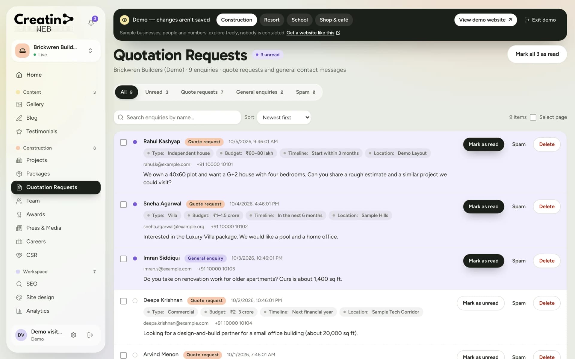 Quotation requests inbox showing each visitor's name, budget, timeline, location and message