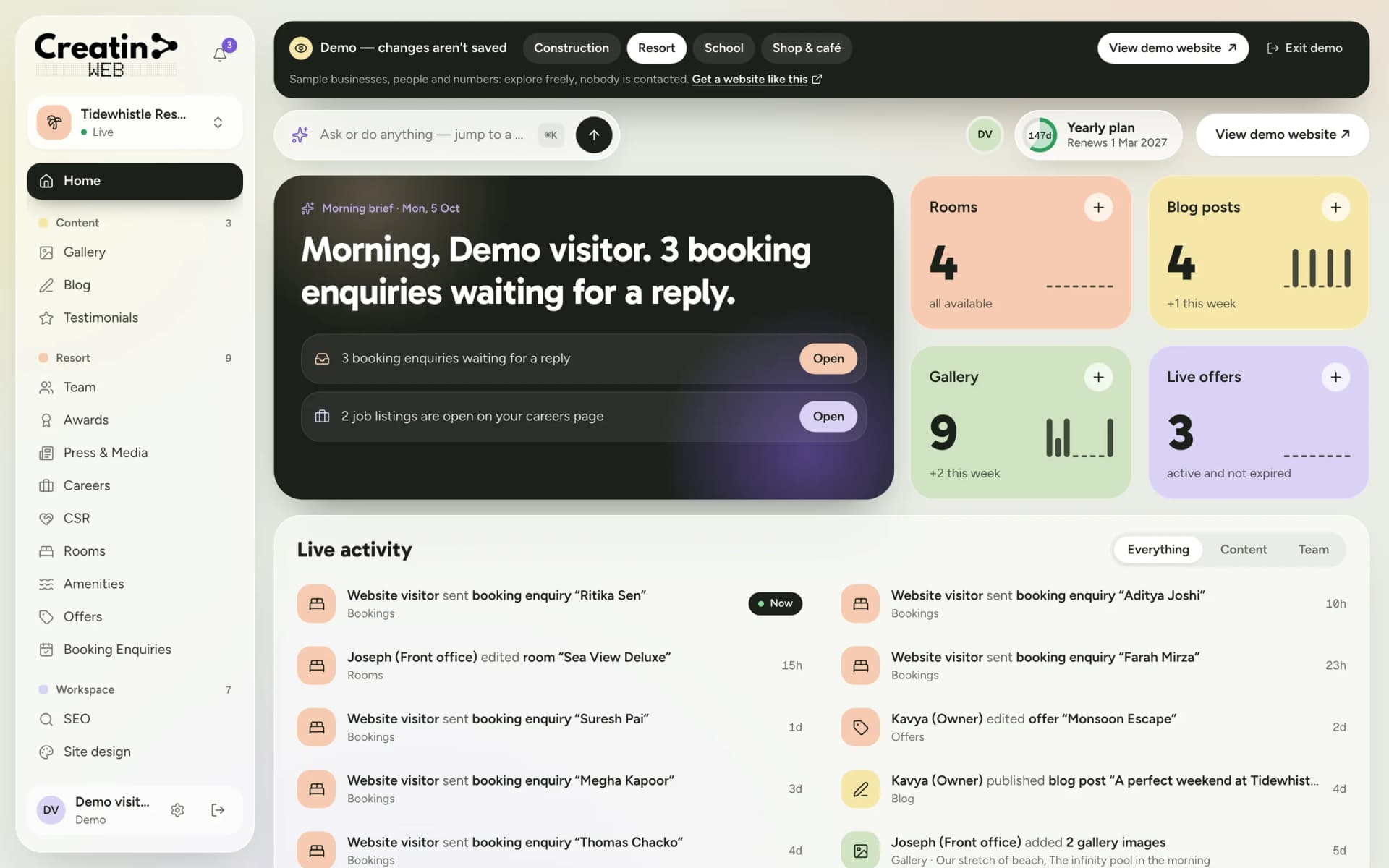 Creatin Web dashboard home for a resort: three booking enquiries waiting, room, gallery and offer counts