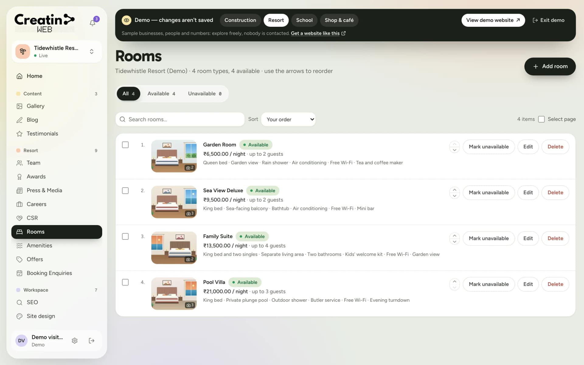 Rooms section of a resort dashboard listing room types with photos and rates