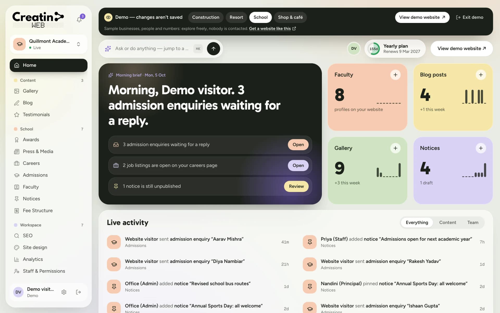 Creatin Web dashboard home for a school: admission enquiries waiting, notices and faculty counts