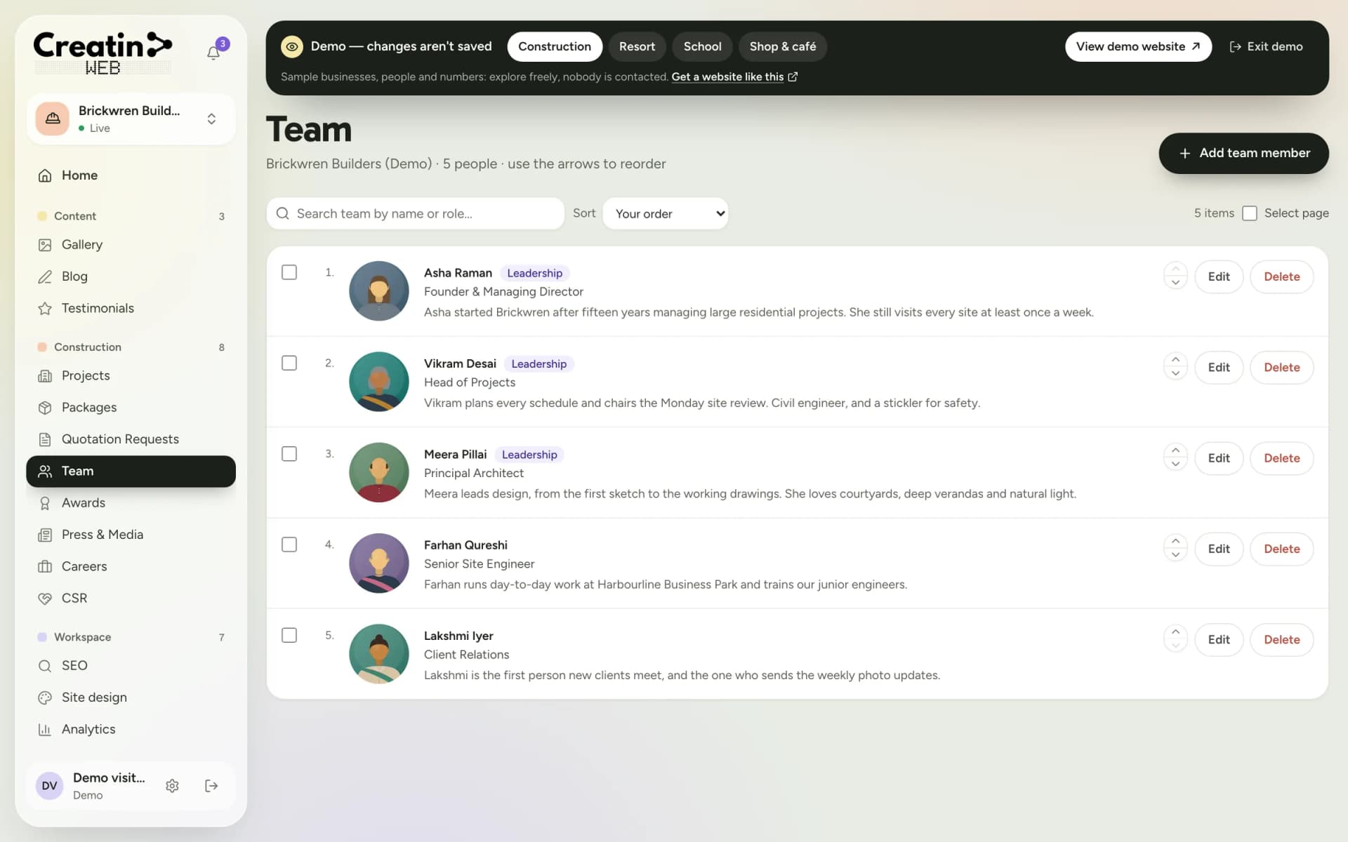 Team section listing team members with photo, role and a short profile
