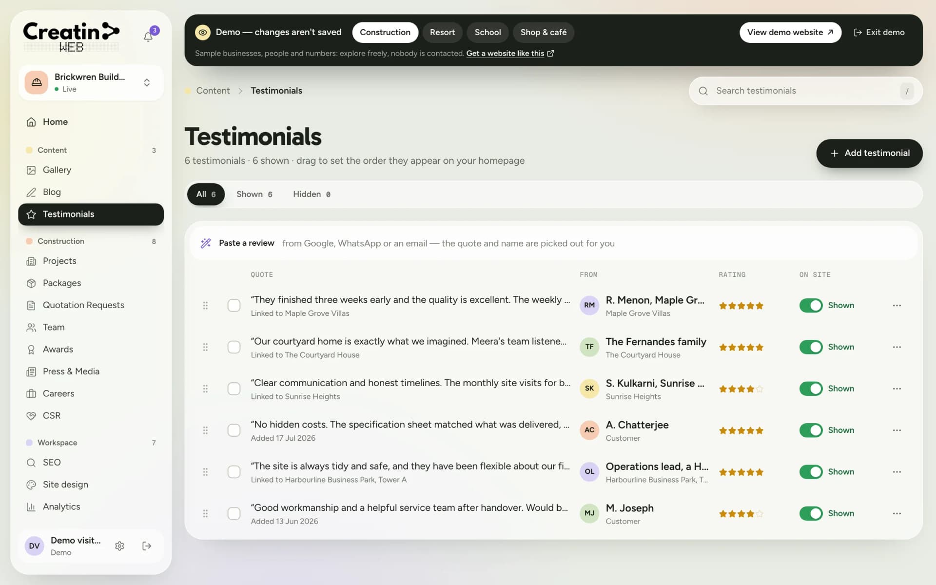 Testimonials section listing customer quotes with ratings and a shown or hidden switch for each